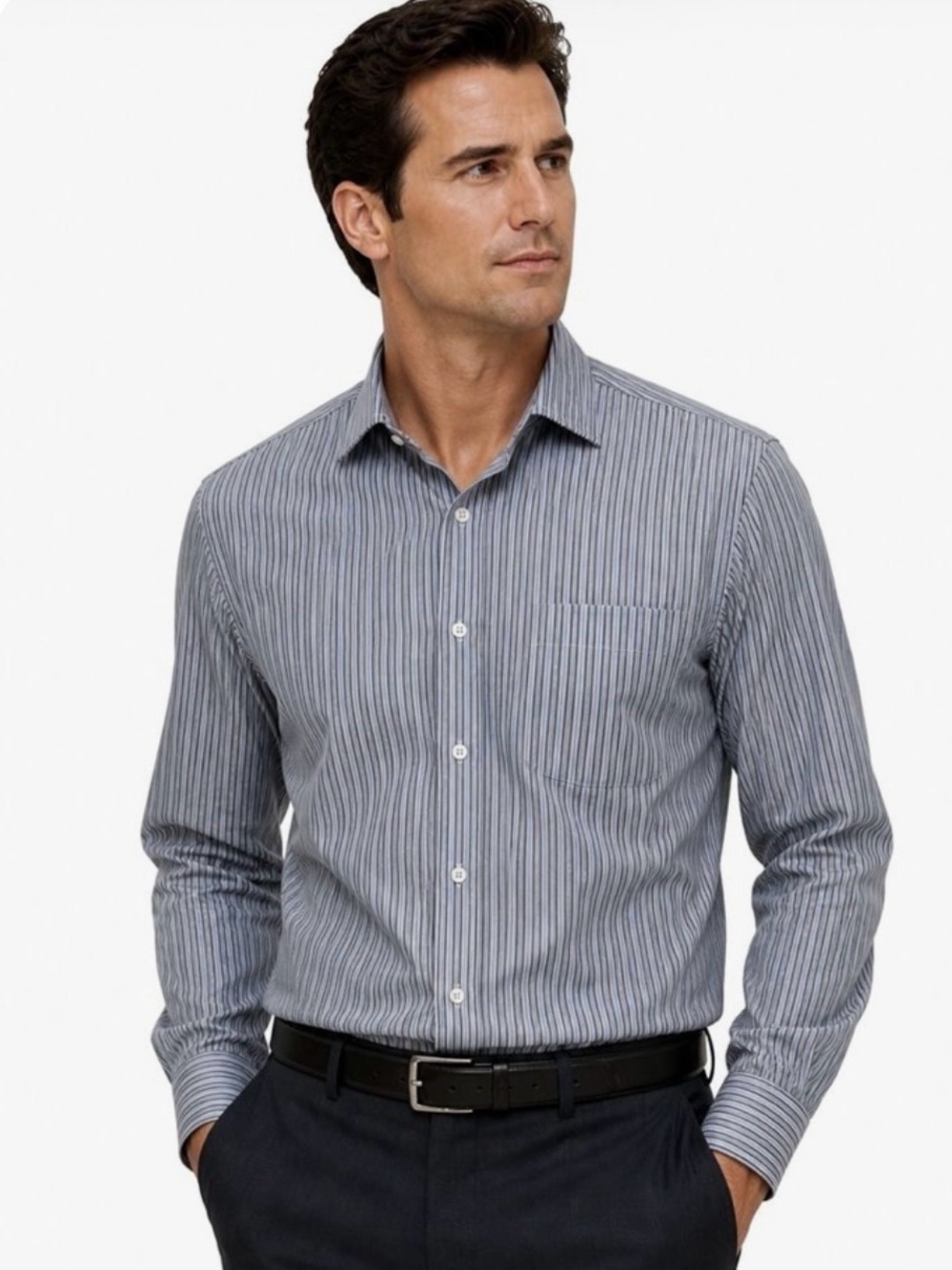 Ermenegildo Zegna Blue and Brown Striped Dress Shirt 16 1/2 neck.
